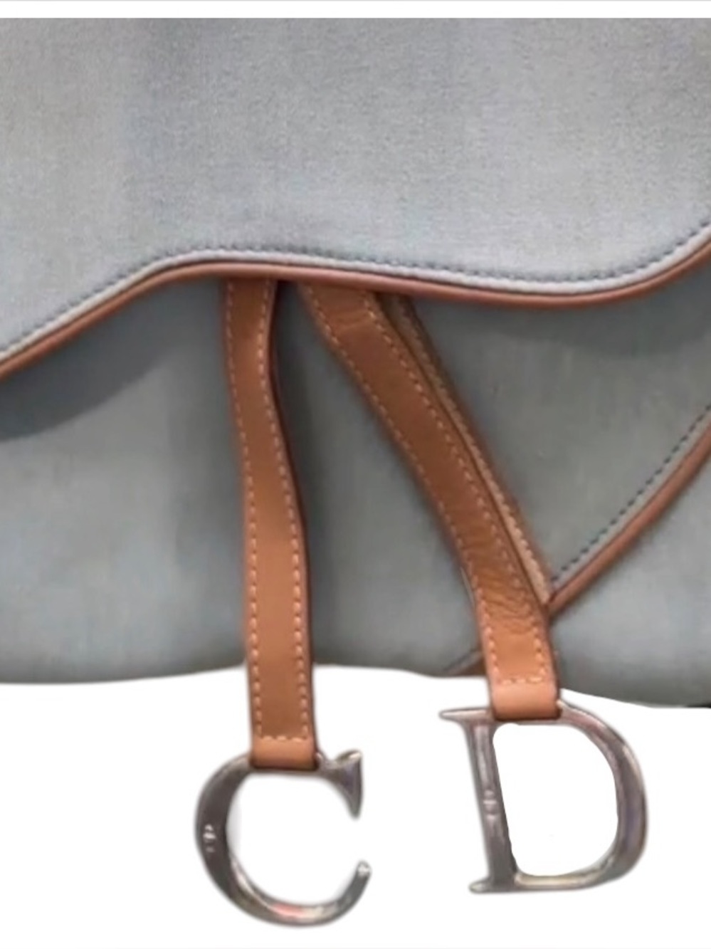 Auth DIOR Light Blue fabric double Saddle Bag Tan leather Trim vintage Silver - Picture 7 of 14